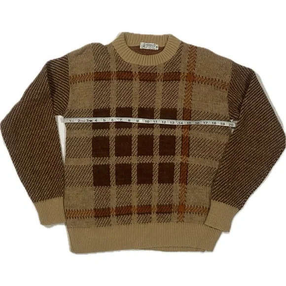 Vintage 1970’s L'Avion VA Sweater Brown/Orange Stripes & Checkered Sz Medium - Picture 5 of 7